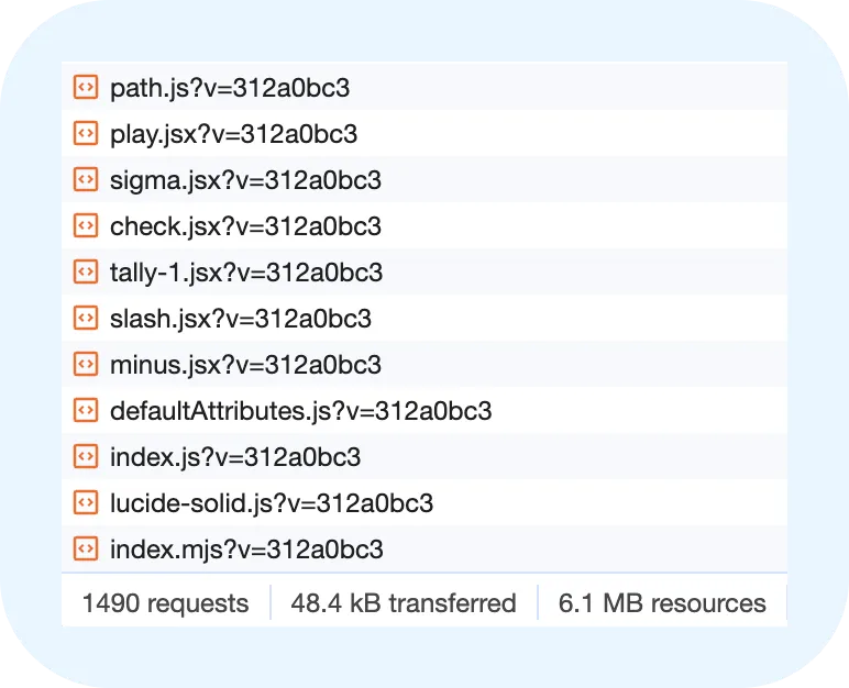 Screenshot de ChromeDevTools qui me montre que 1490 requêtes ont été faites