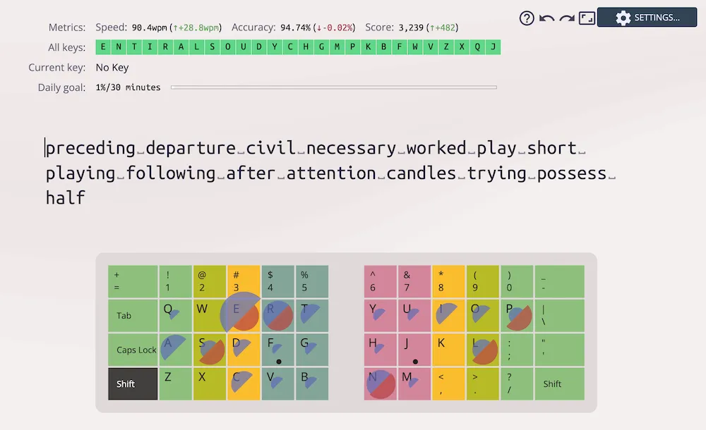 Screenshot de l'interface d'entrainement de Keybr.com