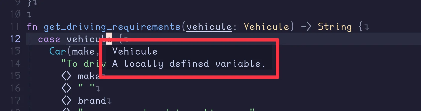 Screenshot qui montre que lorsqu'on passe la souris sur la variable vehicle, l'editeur de code est capable de montrer la documentation et le type relatif à la variable, grâce au LSP.
