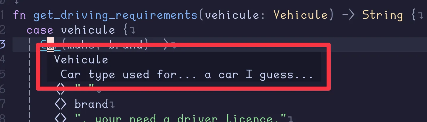 Screenshot qui montre que lorsqu'on passe la souris sur le construteur Car, le LSP est capable d'aller récuperer le nom du custom type ainsi que la documentation liée au constructeur