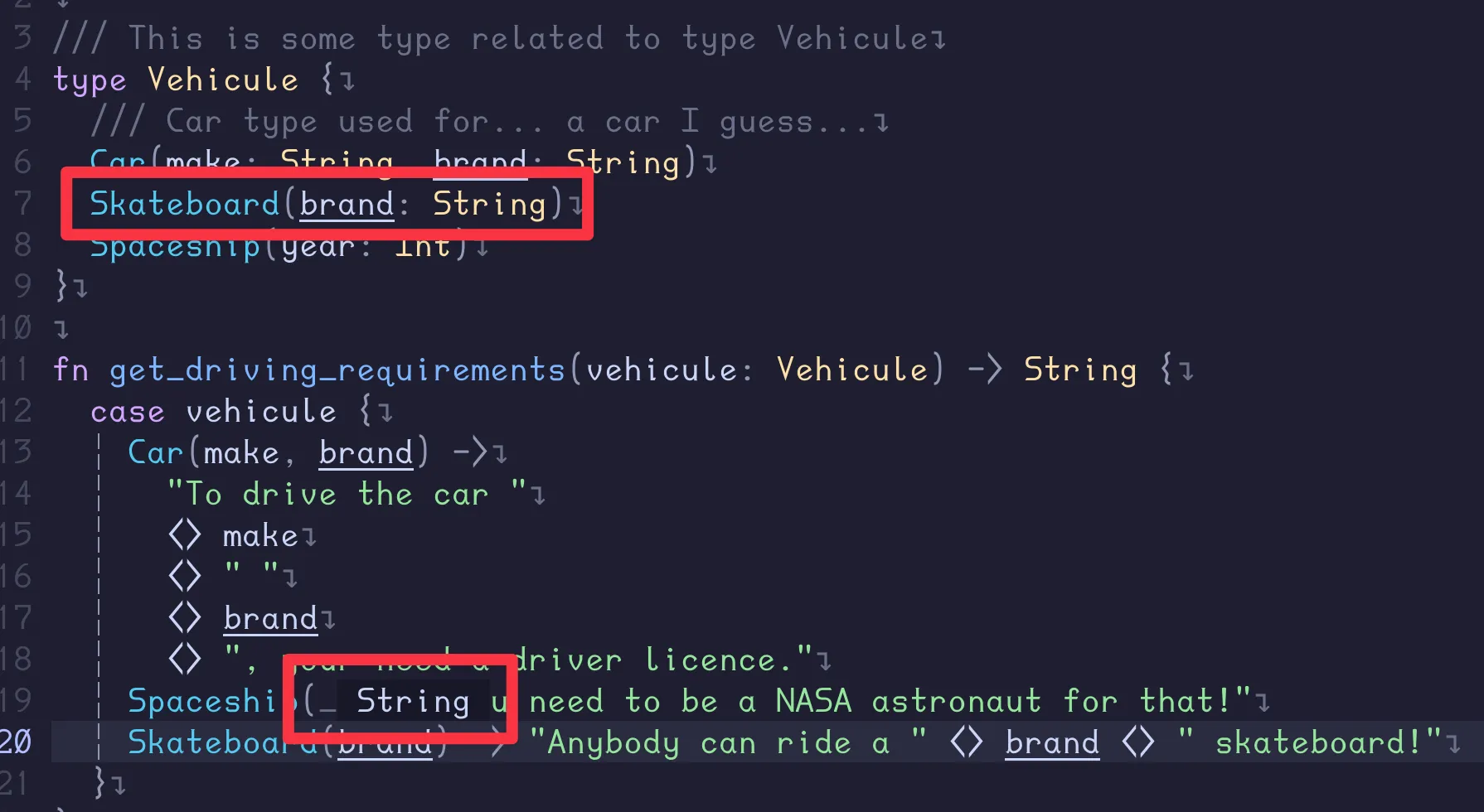 Screenshot qui montre que lorsqu'on passe la souris sur la variable brand du constructeur Skateboard, le LSP arrive bien a faire le lien avec le type String que l'on a déclaré dans le type