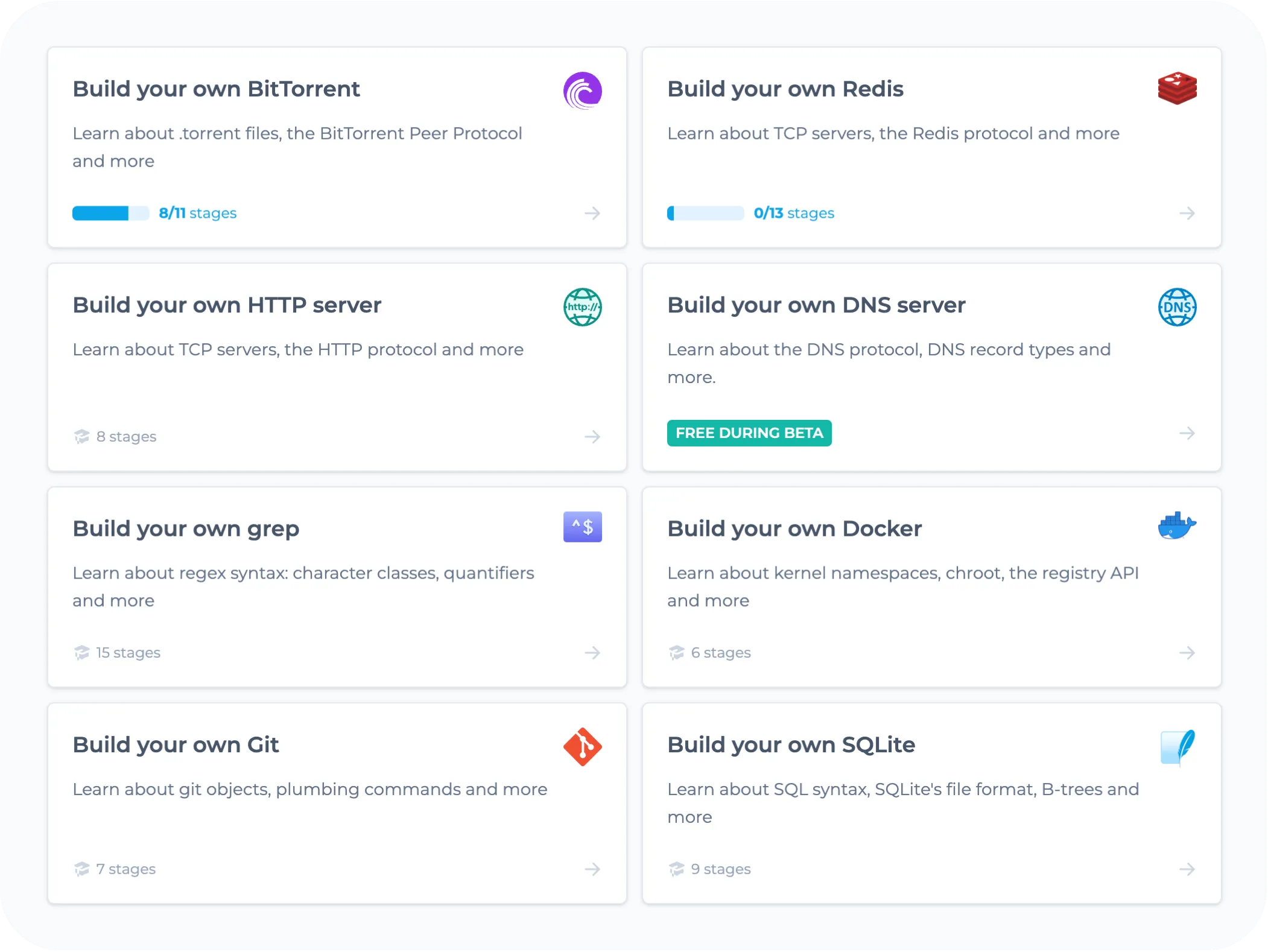 Screenshot des challenges disponibles:
BitTorrent, Redis, Serveur HTTP, Serveur DNS, Grep, Docker, Git, SQLite