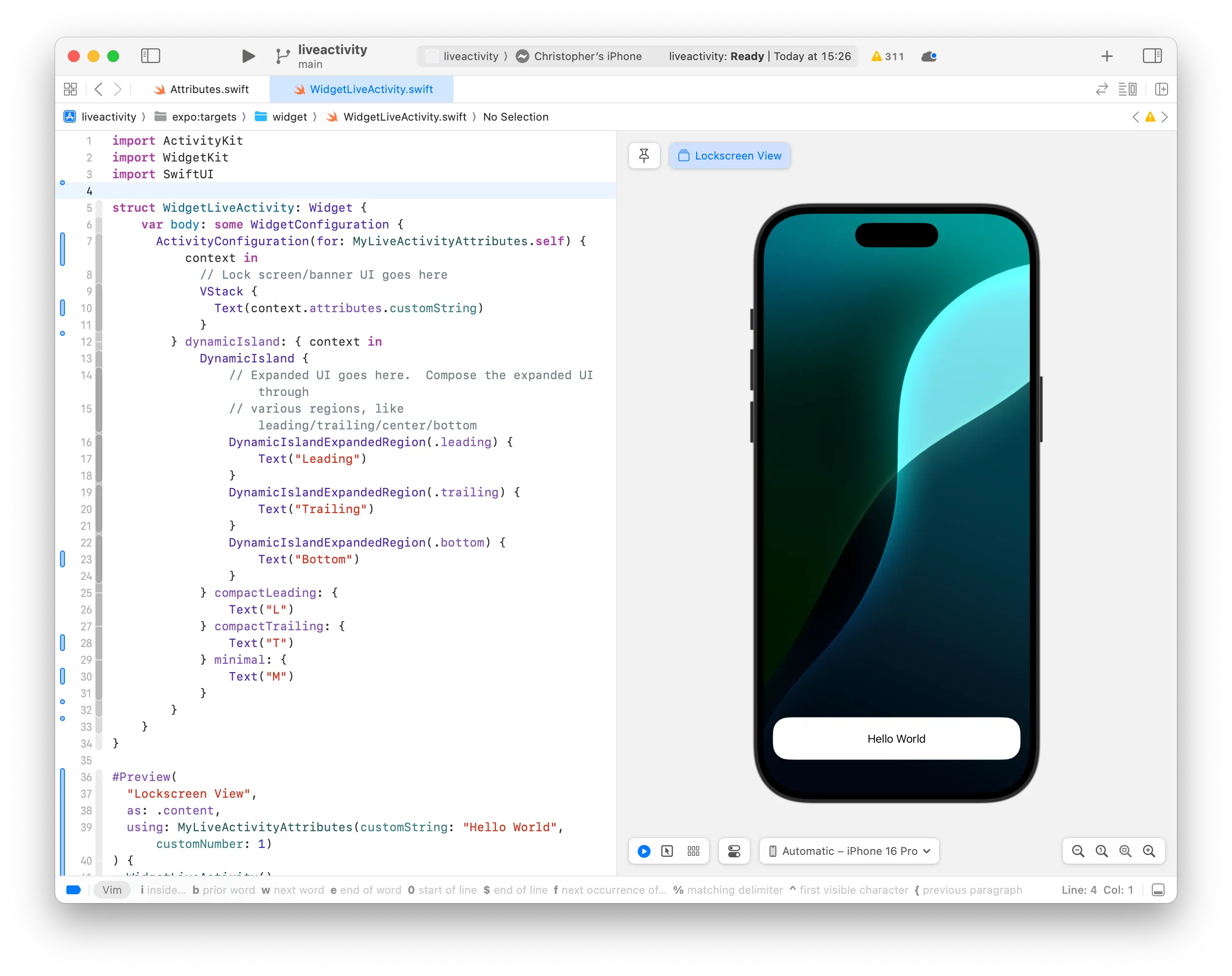 A screenshot of the SwiftUI panel in XCode